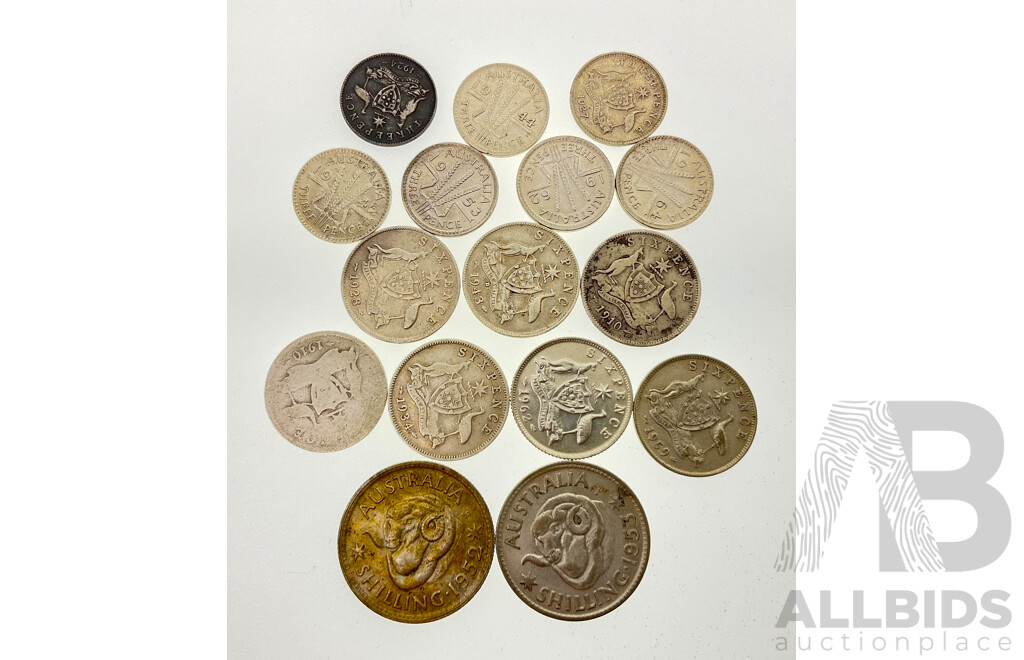 Australian Predecimal Silver Coins Including Three Pence, Sixpence and Shillings, Examples Spanning 1910 to 1962