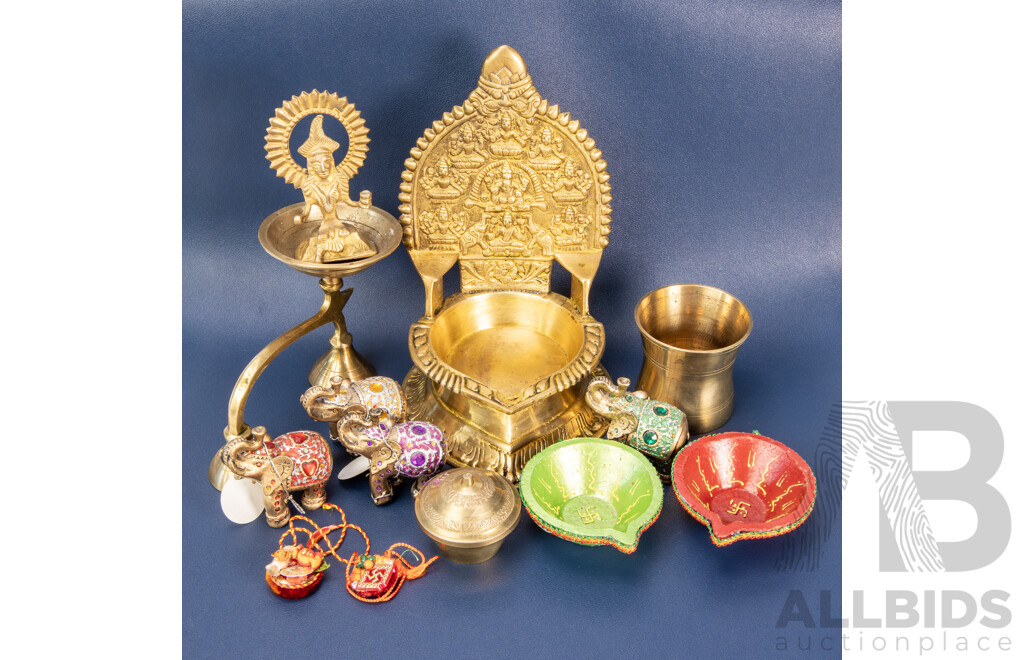 Brass Puja Set Including Ashtalakshmi Vilakku Lamp, Narasimha Statue & Accessories