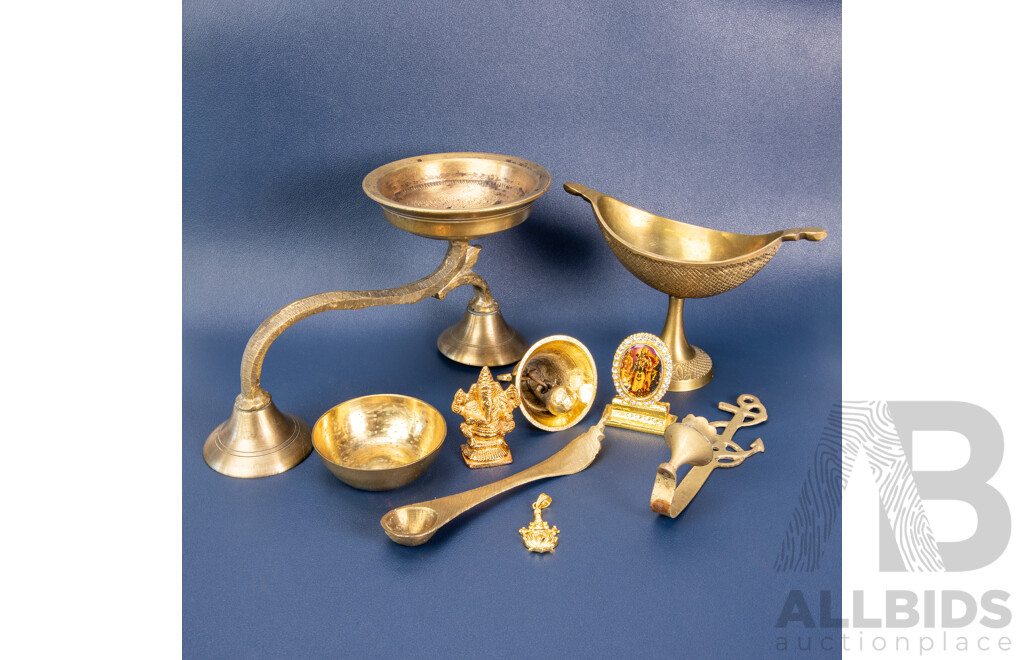 Brass Puja Set Including Ram Darbar & Ganesha Idols, Bell, Dhoop Stand & Accessories