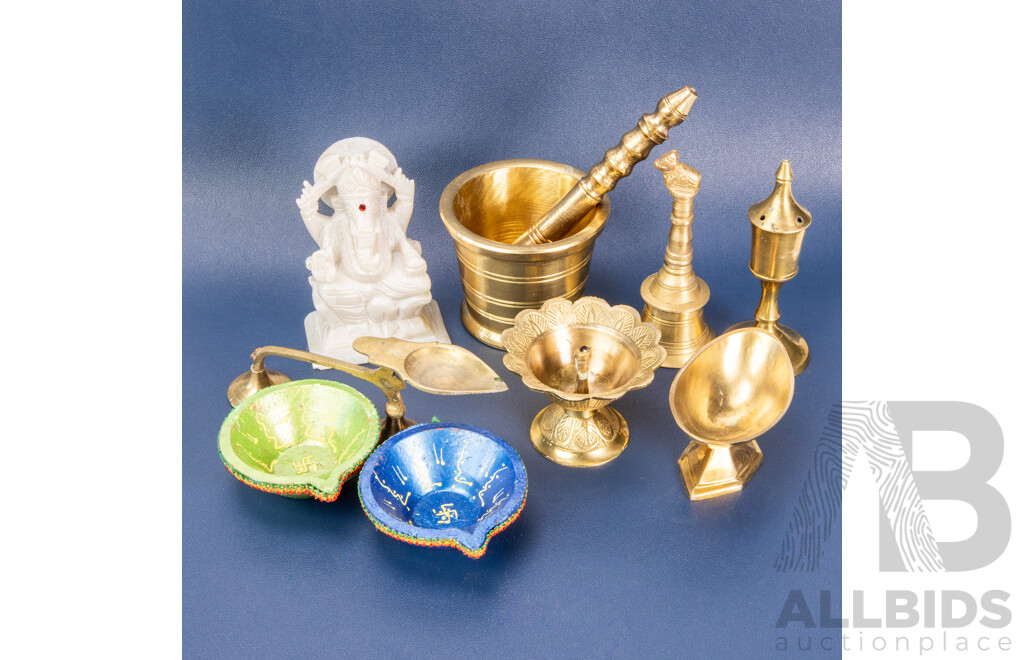 Brass Puja Set Including Ganesha Statue, Mortar & Pestle, Dhoop Stand & Accessories