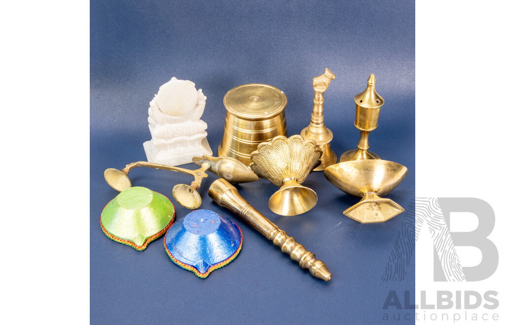 Brass Puja Set Including Ganesha Statue, Mortar & Pestle, Dhoop Stand & Accessories
