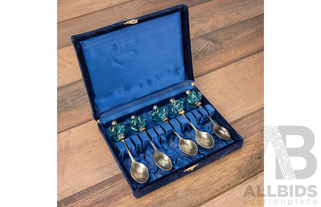Demitasse Silver Spoons with Blue Glass Finials