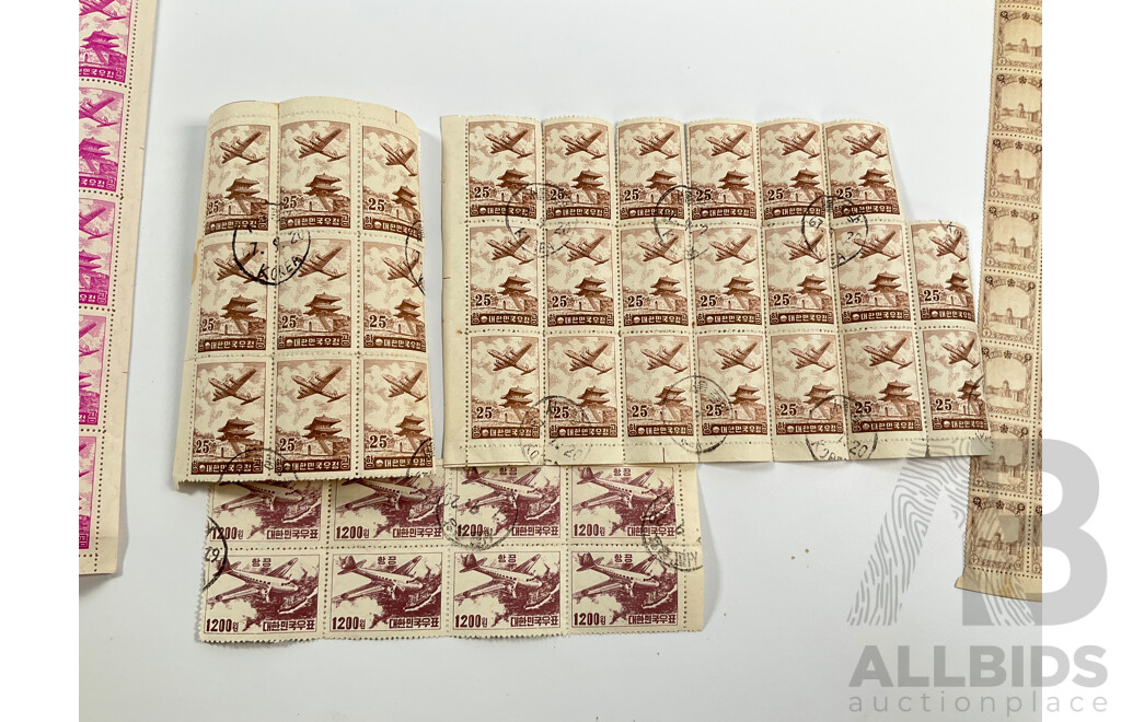 Collection of Antique and Vintage Stamps Including Manchukuo/Japan Progress Sheets, Tibet 1912 Part Set, South Korea 1950's Part Set