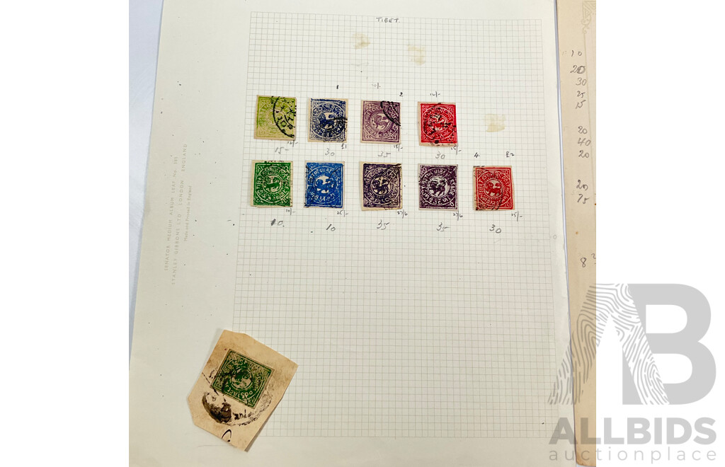Collection of Antique and Vintage Stamps Including Manchukuo/Japan Progress Sheets, Tibet 1912 Part Set, South Korea 1950's Part Set