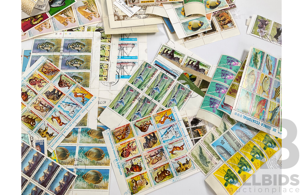 Collection of Vintage Stamp Blocks and Mini Sheets Including USSR, Philippines, Paraguay, Cuba, Fujairah, Turkmenistan and More