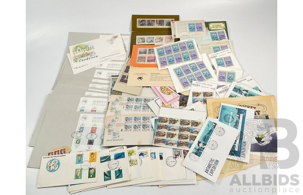 Collection of Australian Mint Blocks, Strips, Mini Sheets, Stamp Packs, Prepaid Envelopes and First Day Covers Including Colonial Heritage Two Dollar Blocks, WWF 50 Years Mini Sheets, 1988 Living Together and More