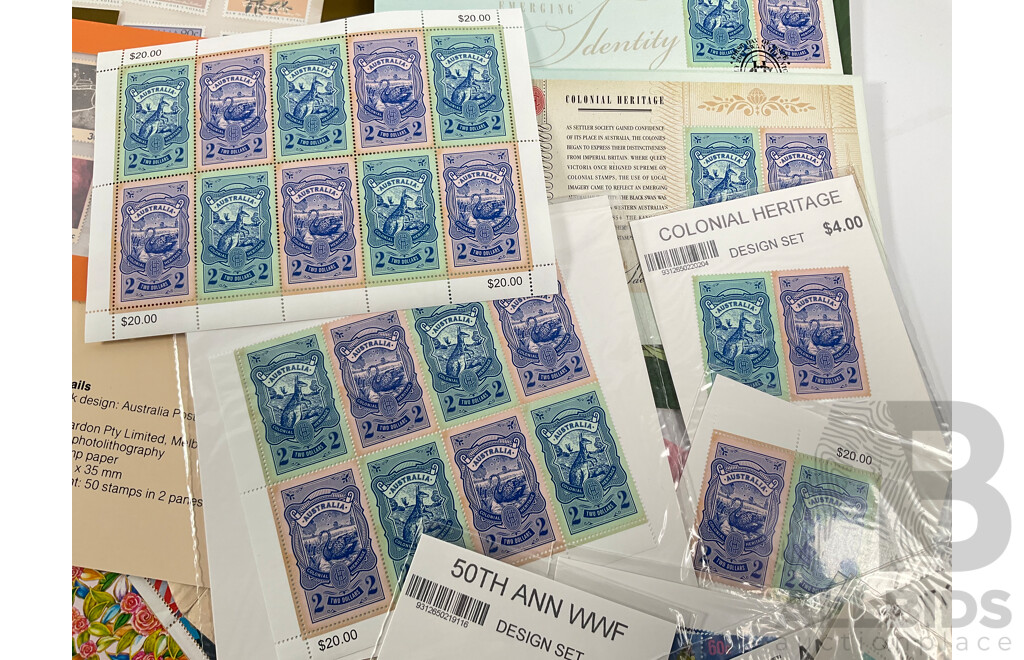Collection of Australian Mint Blocks, Strips, Mini Sheets, Stamp Packs, Prepaid Envelopes and First Day Covers Including Colonial Heritage Two Dollar Blocks, WWF 50 Years Mini Sheets, 1988 Living Together and More