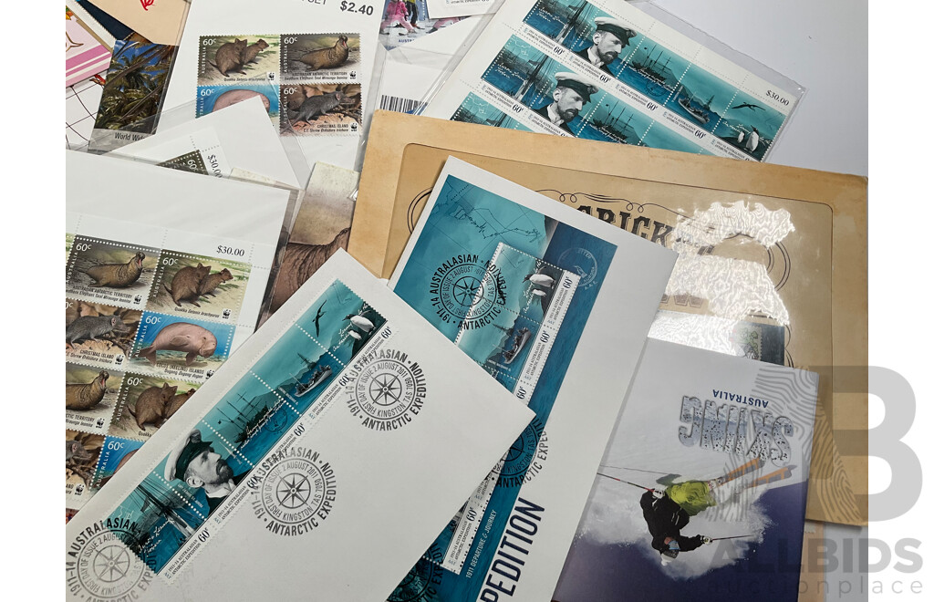 Collection of Australian Mint Blocks, Strips, Mini Sheets, Stamp Packs, Prepaid Envelopes and First Day Covers Including Colonial Heritage Two Dollar Blocks, WWF 50 Years Mini Sheets, 1988 Living Together and More