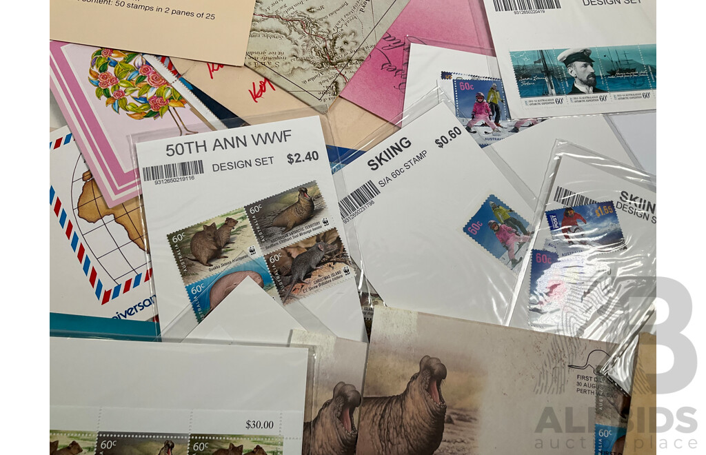 Collection of Australian Mint Blocks, Strips, Mini Sheets, Stamp Packs, Prepaid Envelopes and First Day Covers Including Colonial Heritage Two Dollar Blocks, WWF 50 Years Mini Sheets, 1988 Living Together and More