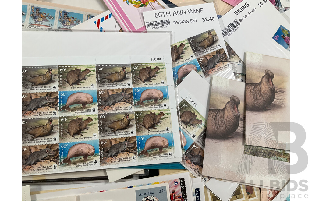 Collection of Australian Mint Blocks, Strips, Mini Sheets, Stamp Packs, Prepaid Envelopes and First Day Covers Including Colonial Heritage Two Dollar Blocks, WWF 50 Years Mini Sheets, 1988 Living Together and More