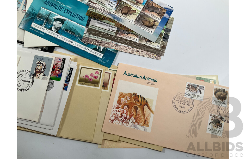 Collection of Australian Mint Blocks, Strips, Mini Sheets, Stamp Packs, Prepaid Envelopes and First Day Covers Including Colonial Heritage Two Dollar Blocks, WWF 50 Years Mini Sheets, 1988 Living Together and More