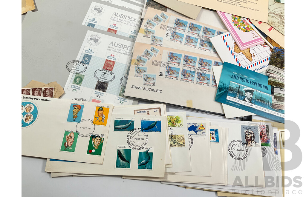 Collection of Australian Mint Blocks, Strips, Mini Sheets, Stamp Packs, Prepaid Envelopes and First Day Covers Including Colonial Heritage Two Dollar Blocks, WWF 50 Years Mini Sheets, 1988 Living Together and More