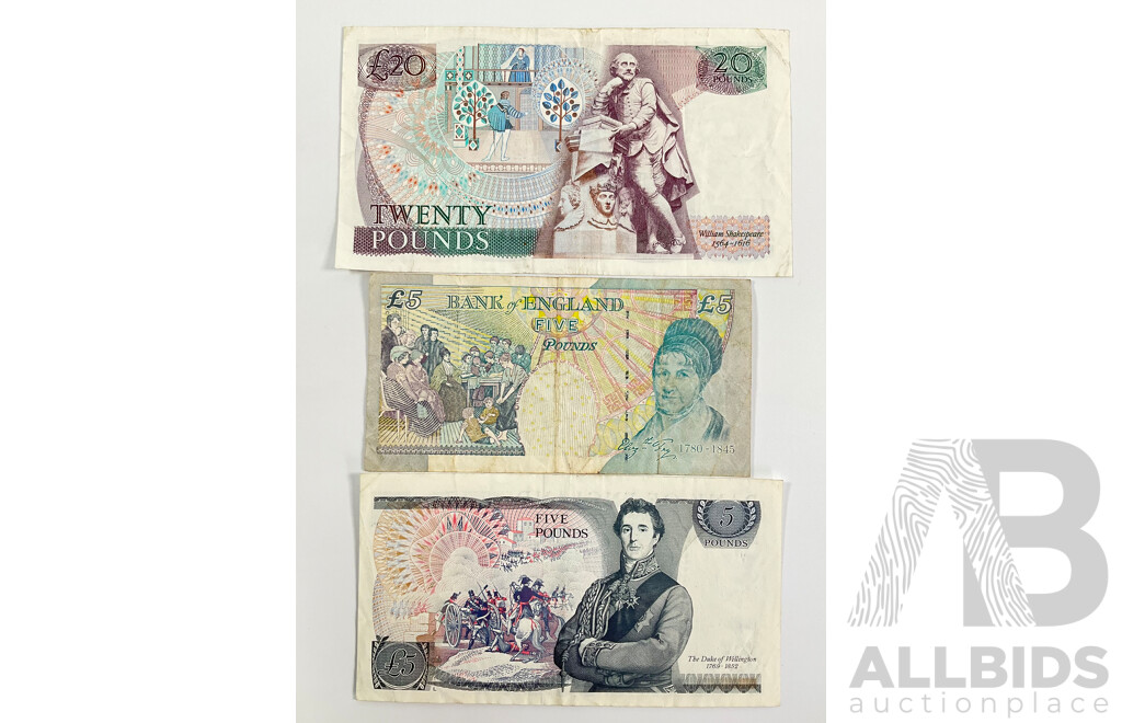 Three United Kingdom QE2 Banknotes Including Twenty Pounds, Two Five Pounds