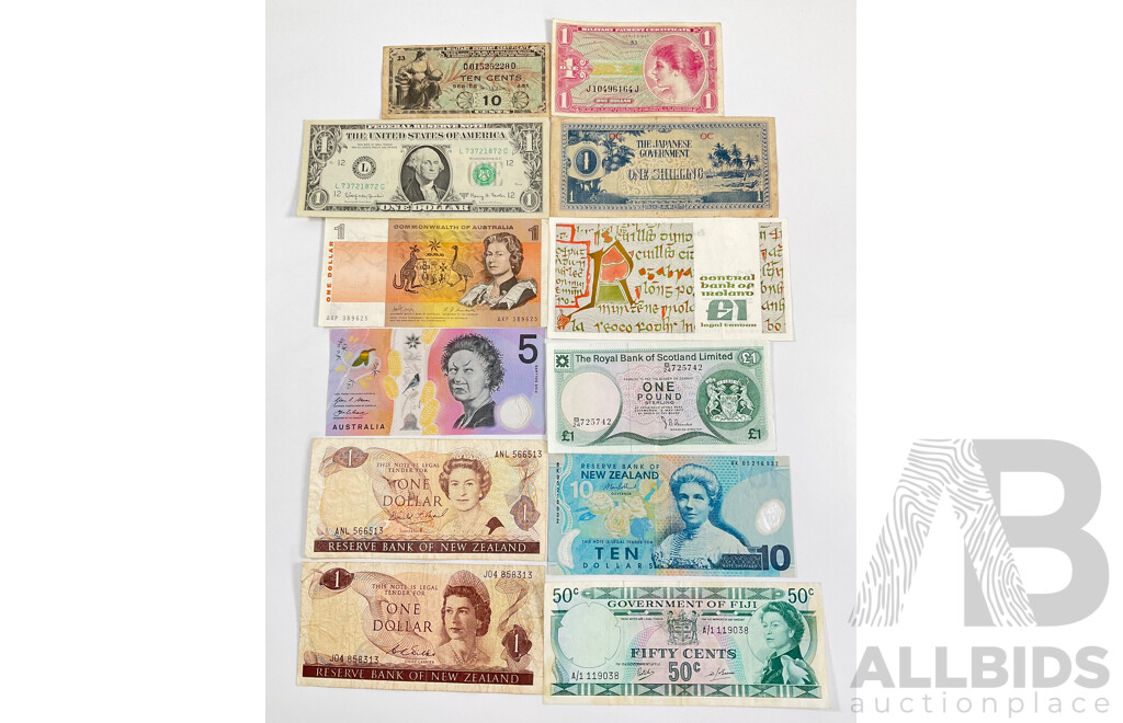 Assortment of Collectable Banknotes Including Australian 1969 One Dollar Phillips/Randall, 2016 Five Dollar Note, USA 1963 One Dollar Note and Military Payment Certificates, Scotland One Pound.............