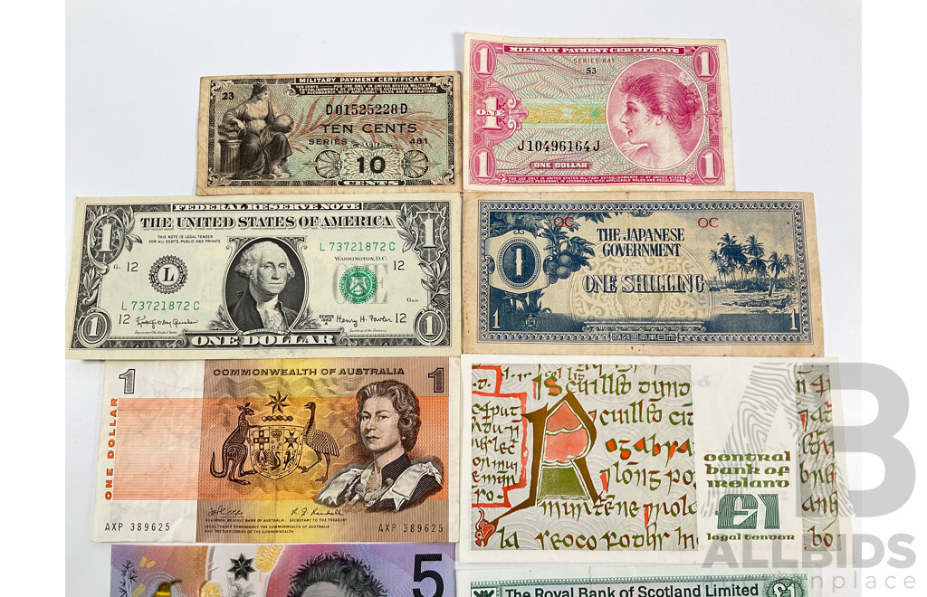 Assortment of Collectable Banknotes Including Australian 1969 One Dollar Phillips/Randall, 2016 Five Dollar Note, USA 1963 One Dollar Note and Military Payment Certificates, Scotland One Pound.............