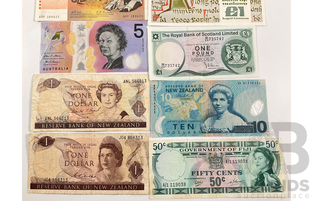 Assortment of Collectable Banknotes Including Australian 1969 One Dollar Phillips/Randall, 2016 Five Dollar Note, USA 1963 One Dollar Note and Military Payment Certificates, Scotland One Pound.............