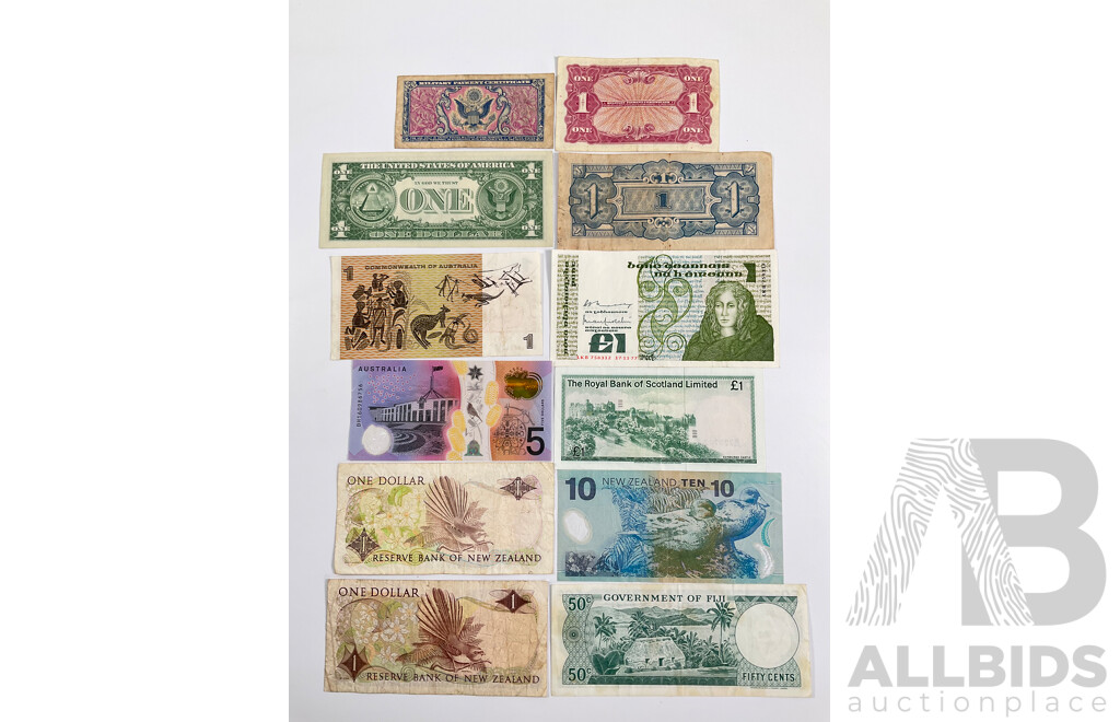 Assortment of Collectable Banknotes Including Australian 1969 One Dollar Phillips/Randall, 2016 Five Dollar Note, USA 1963 One Dollar Note and Military Payment Certificates, Scotland One Pound.............