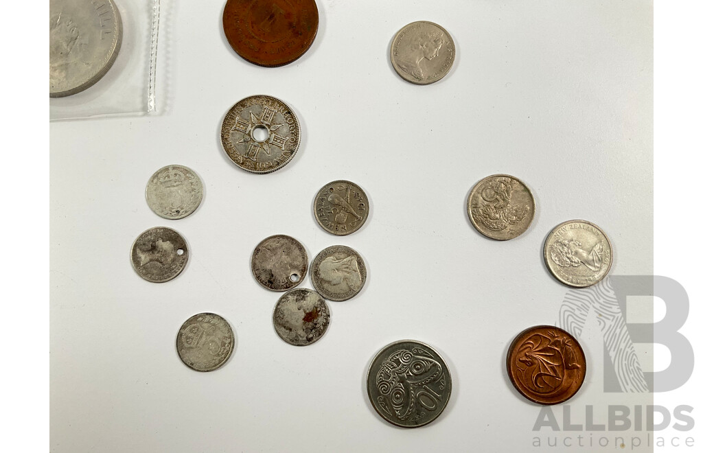 Assortment of Collectable Coins Including USA 1964 Silver Kennedy Dollar, Kansas Medallion, Territory of New Guinea 1935 Silver Shilling, Six United Kingdom QV Silver Shillings, Churchill Crown, New Zealand, Singapore, Straits Settlements