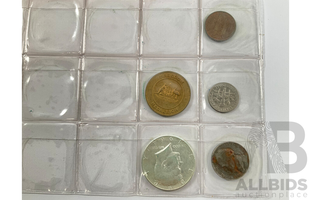 Assortment of Collectable Coins Including USA 1964 Silver Kennedy Dollar, Kansas Medallion, Territory of New Guinea 1935 Silver Shilling, Six United Kingdom QV Silver Shillings, Churchill Crown, New Zealand, Singapore, Straits Settlements