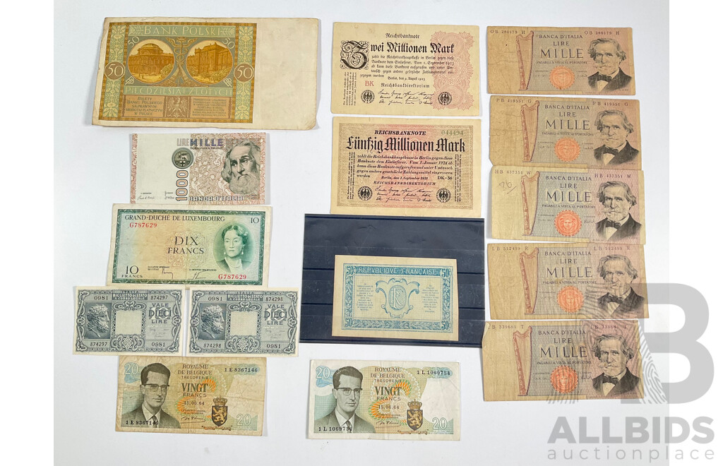 Collection of Antique and Vintage European Banknotes Including France Army Treasury 1917-1919 Fifty Centimes, Germany 1923/24 Inflation Notes, Italy 1940's/1970's, Poland 1929, Belgium 1964