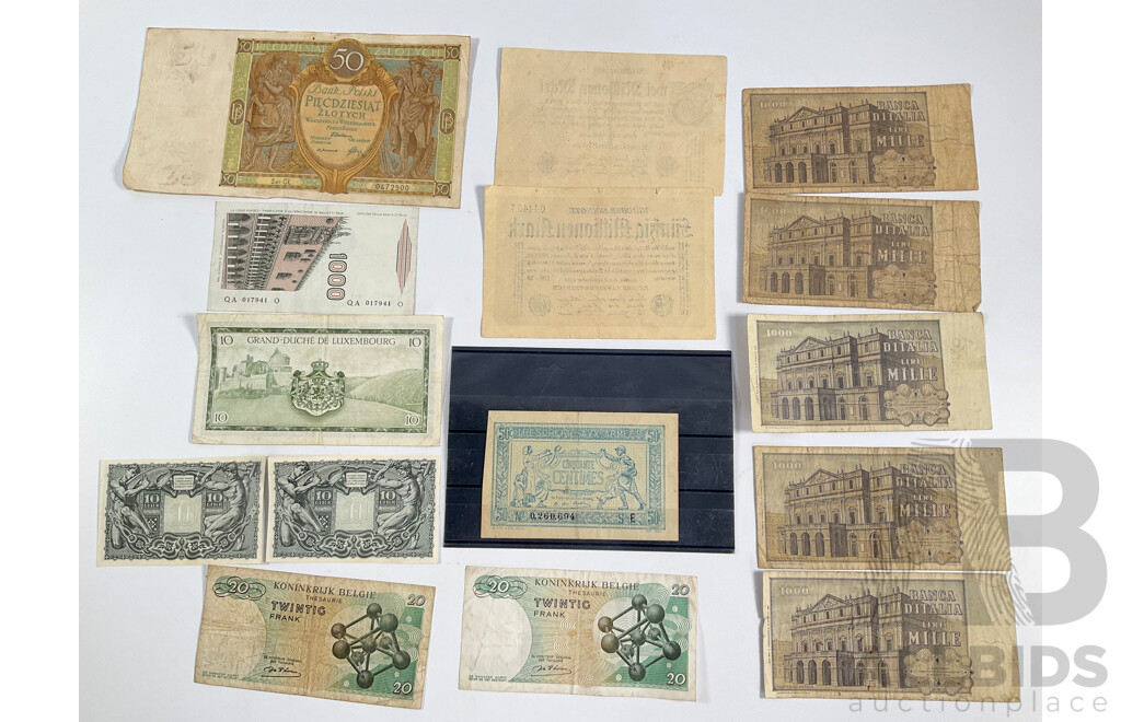 Collection of Antique and Vintage European Banknotes Including France Army Treasury 1917-1919 Fifty Centimes, Germany 1923/24 Inflation Notes, Italy 1940's/1970's, Poland 1929, Belgium 1964