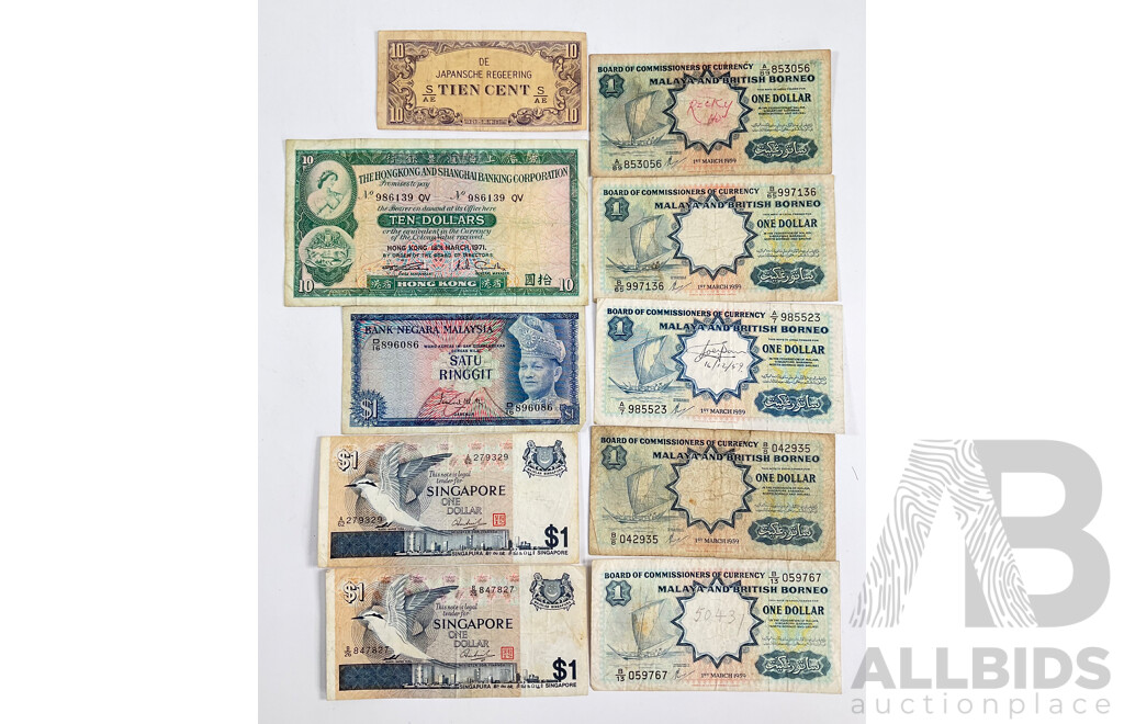 Collection of Vintage Banknotes Including Malaya and British Borneo, Malaysia, Hong Kong, Singapore, WW2 Japanese Occupation Note
