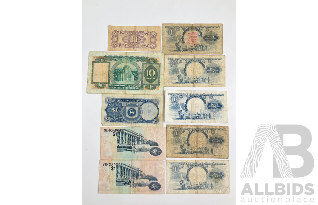 Collection of Vintage Banknotes Including Malaya and British Borneo, Malaysia, Hong Kong, Singapore, WW2 Japanese Occupation Note