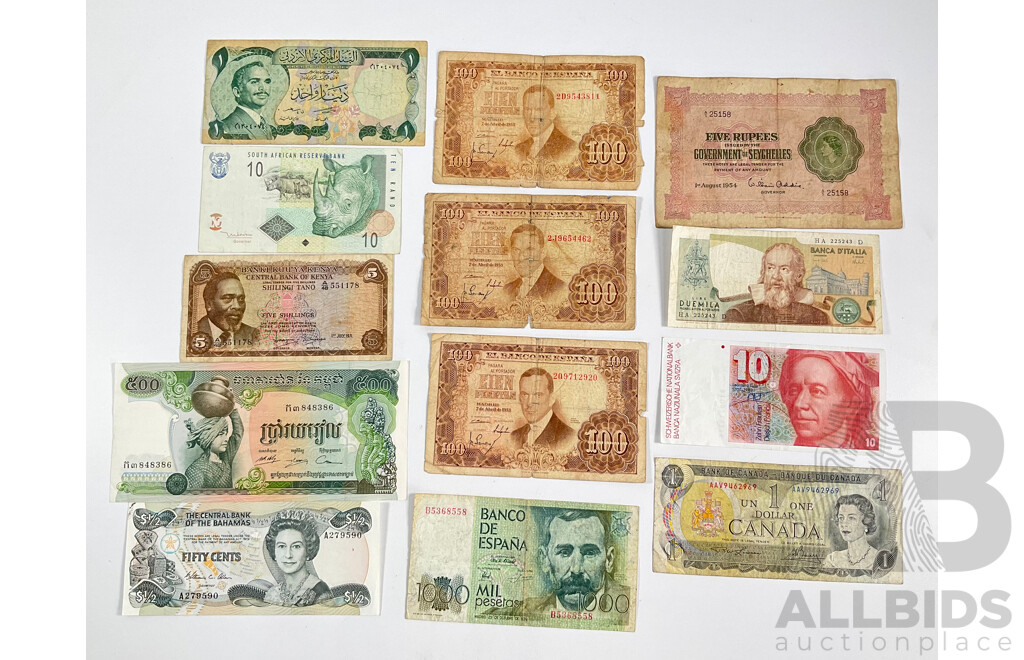 Collection of Vintage Banknotes Including Spain, Jordan, South Africa, Italy, Switzerland, Cambodia, Bahamas, Canada, Kenya, Seychelles