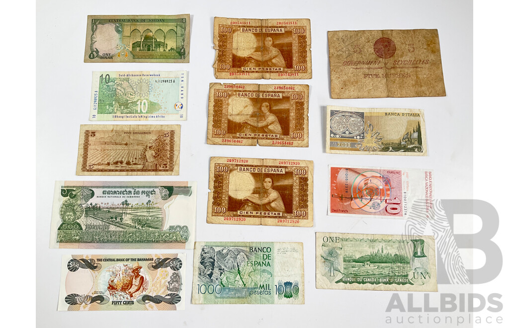 Collection of Vintage Banknotes Including Spain, Jordan, South Africa, Italy, Switzerland, Cambodia, Bahamas, Canada, Kenya, Seychelles