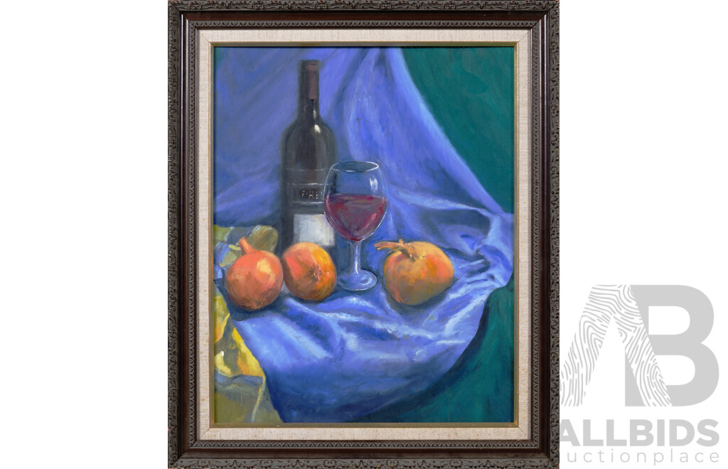 Kyra LeFleur, (20th Century), Still Life - Wine with Pomegranates, (1995), Oil on Canvas Board, 61 x 51 cm (frame)