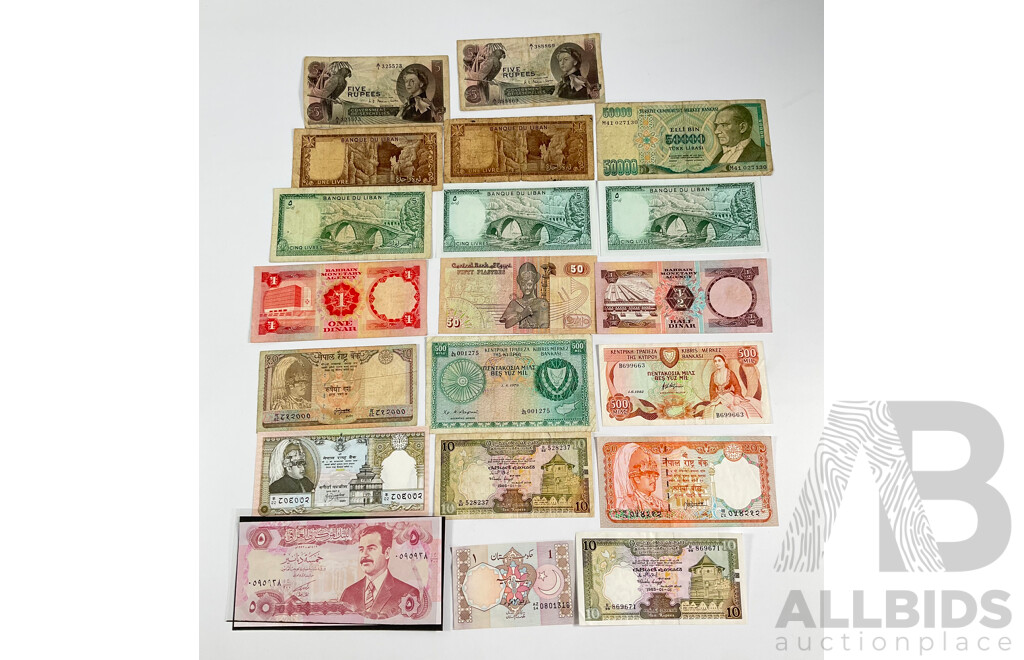 Collection of Vintage Bank Notes Including Iraq, Pakistan, Ceylon, Cyprus, Bahrain, Egypt, Lebanon, Seychelles, Turkey
