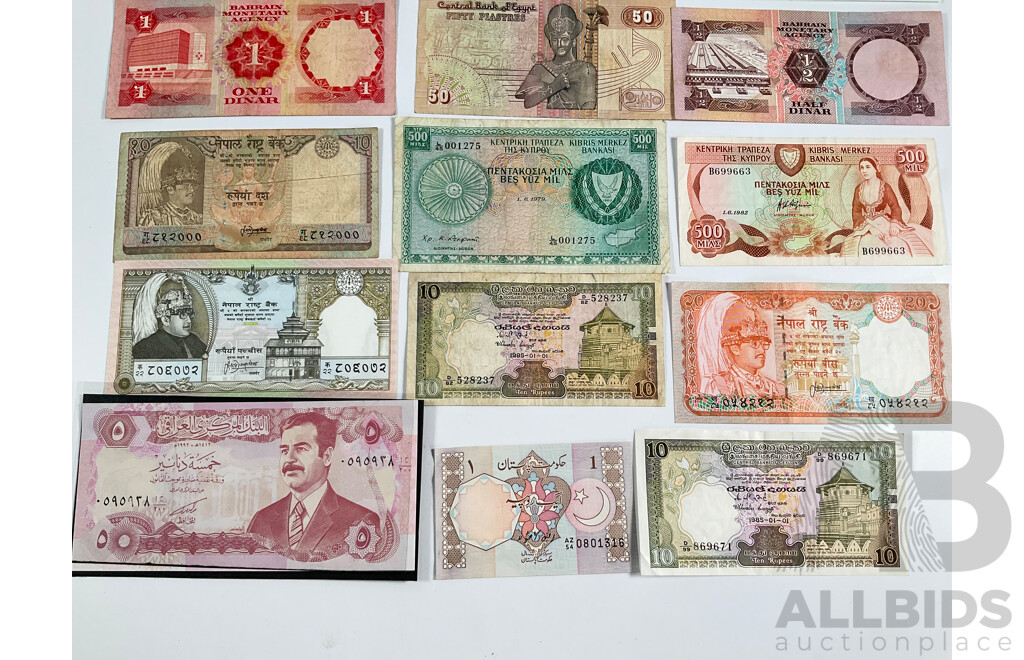 Collection of Vintage Bank Notes Including Iraq, Pakistan, Ceylon, Cyprus, Bahrain, Egypt, Lebanon, Seychelles, Turkey