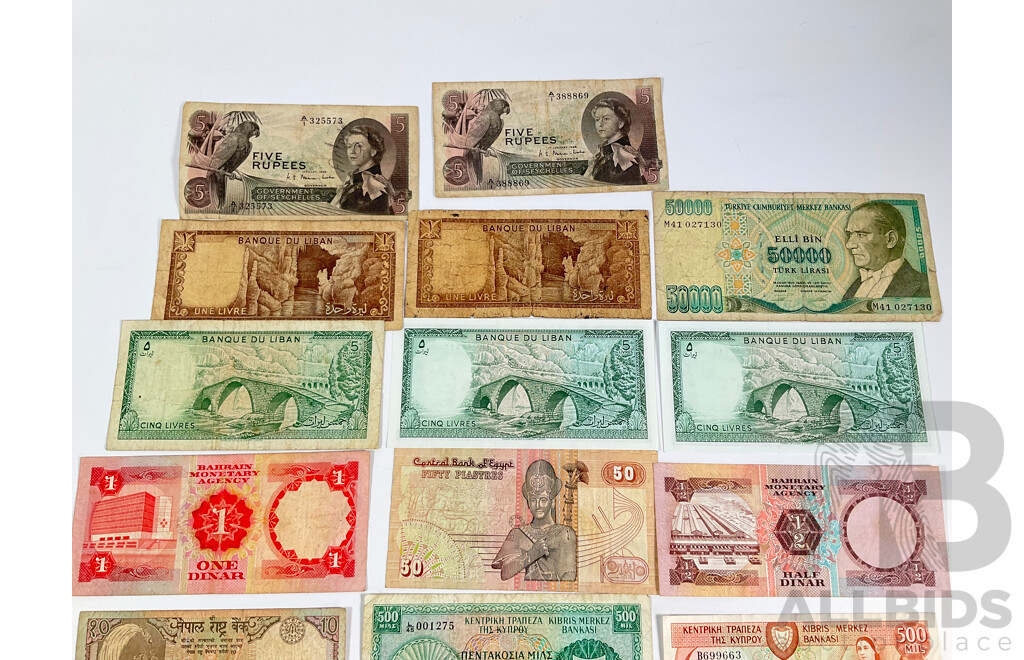 Collection of Vintage Bank Notes Including Iraq, Pakistan, Ceylon, Cyprus, Bahrain, Egypt, Lebanon, Seychelles, Turkey