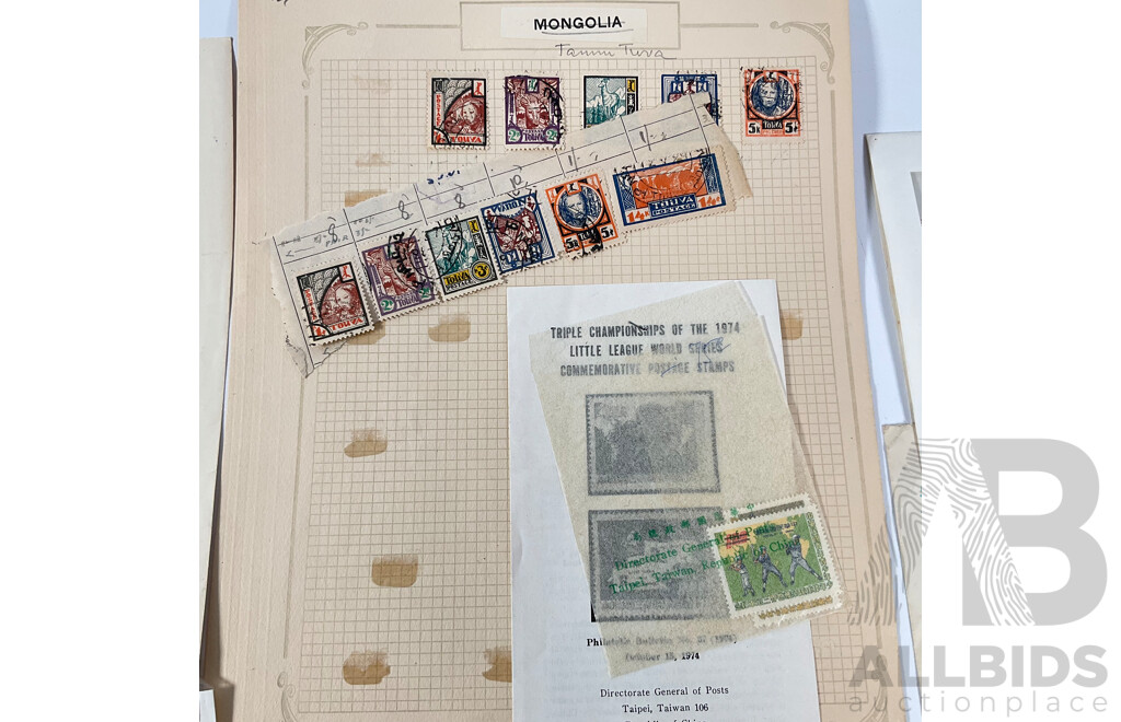 Collection of Vintage Stamps Including Manchukuo, China, USSR, Touva, Hong Kong, Malaya, Straits Settlements, Over Prints, Sets