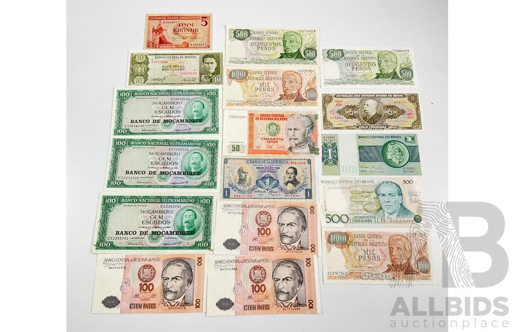 Collection of Vintage Banknotes Including Argentina, Bolivia, Peru, Brazil, Colombia, Iceland