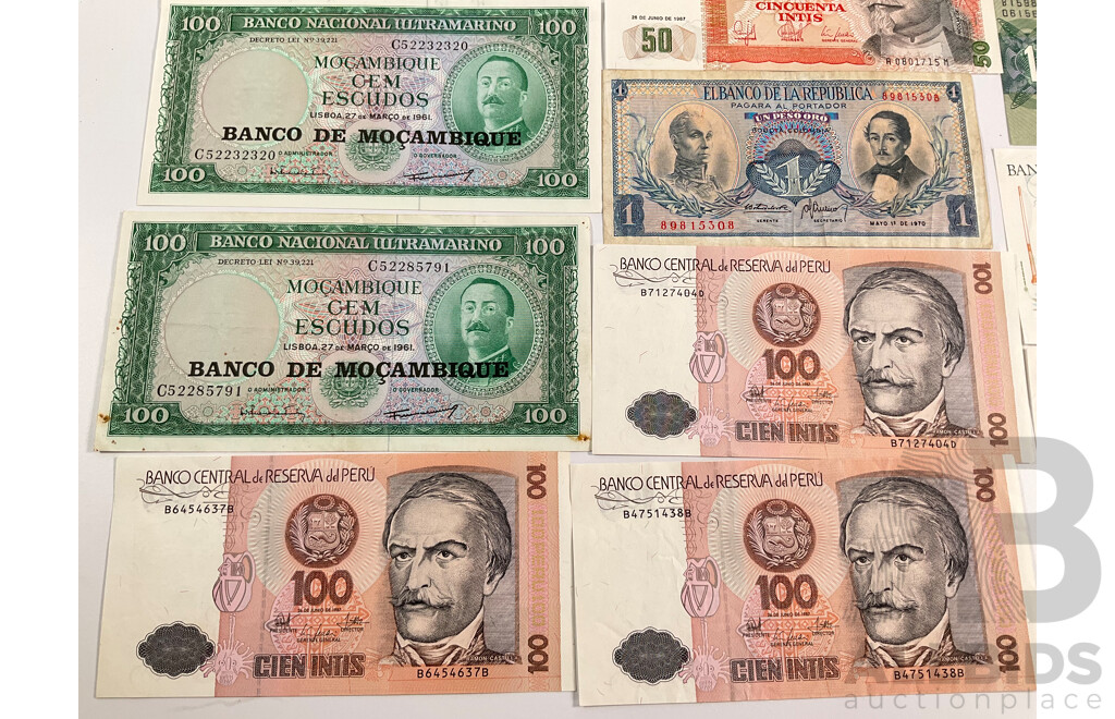 Collection of Vintage Banknotes Including Argentina, Bolivia, Peru, Brazil, Colombia, Iceland