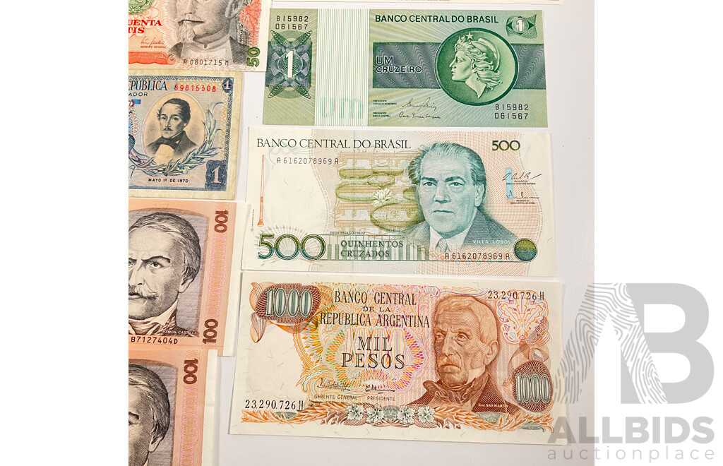 Collection of Vintage Banknotes Including Argentina, Bolivia, Peru, Brazil, Colombia, Iceland