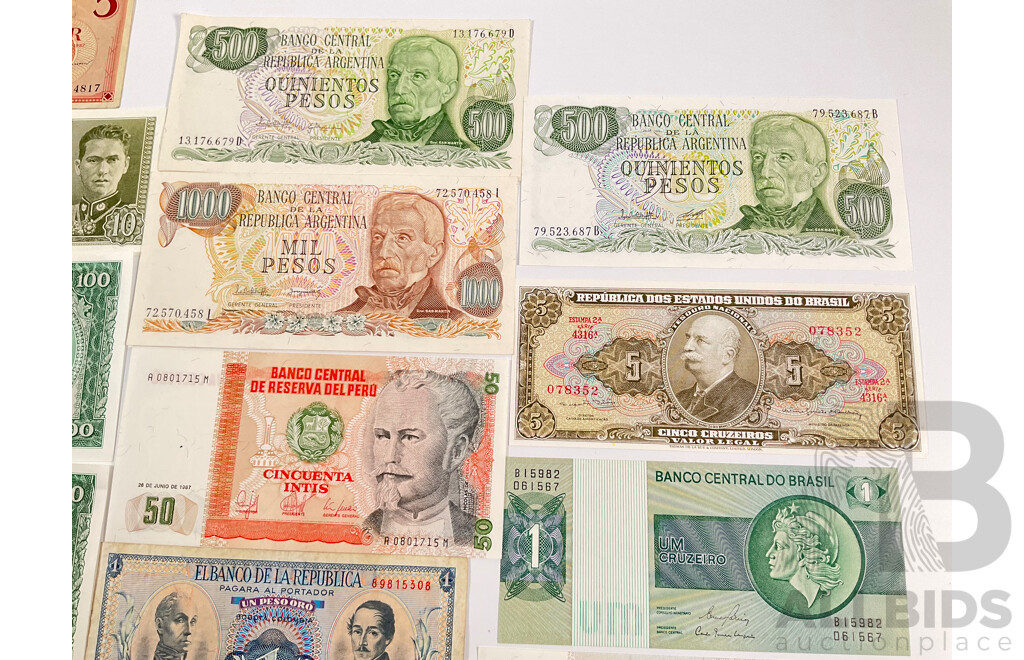 Collection of Vintage Banknotes Including Argentina, Bolivia, Peru, Brazil, Colombia, Iceland
