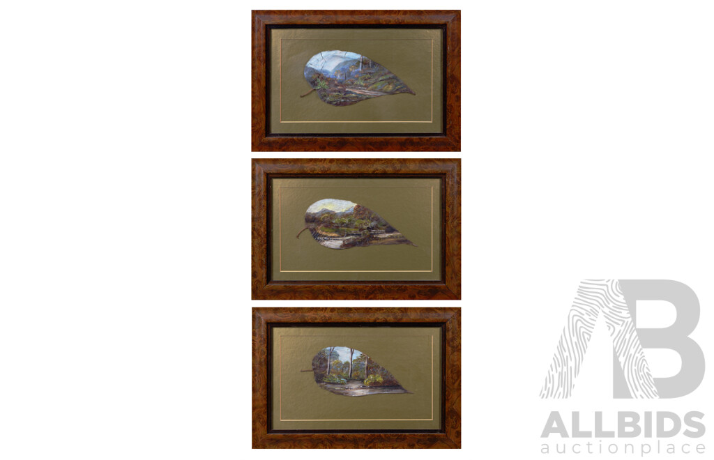 Artist Unknown, (c Approx 1940s), Oil on Prepared Gumleaf, Australian Bushland Scenes, Collection of Three Framed in Gold Background, 29 x 43 cm (largest frame) (3)