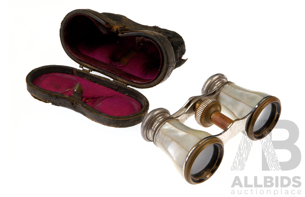 Antique Brass & Mother of Pearl Opera Glasses with Original Case