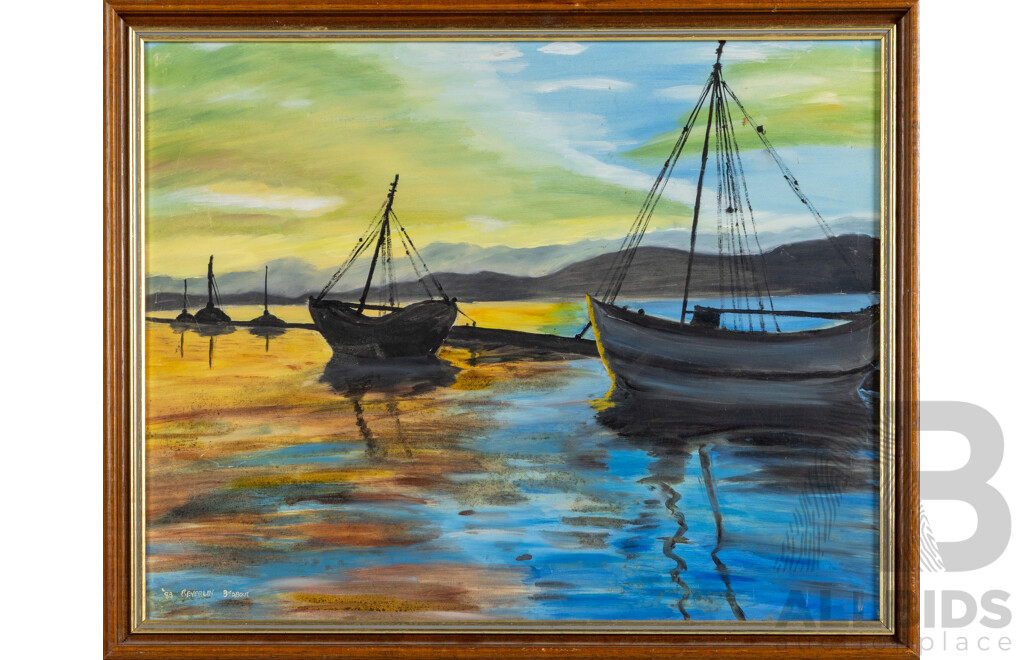 Beverley Beabout, (20th Century, Australian, Working C1980s), Boats at Dawn, Original Vintage Gouache on Masonite, 46 x 56 cm (frame)