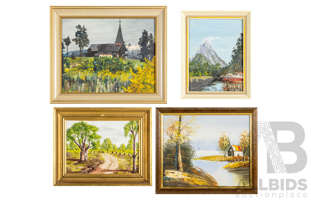 Artists Unknown (20th Century), Country Church, Mitre Peak, New Zealand, Lone House and Dirt Path, Collection of Four Vintage Oil on Canvas Boards (& One Board), 30W x 25H cm (largest frame) (4)