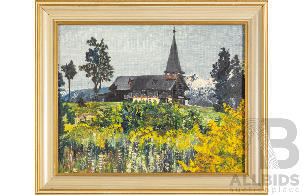 Artists Unknown (20th Century), Country Church, Mitre Peak, New Zealand, Lone House and Dirt Path, Collection of Four Vintage Oil on Canvas Boards (& One Board), 30W x 25H cm (largest frame) (4)