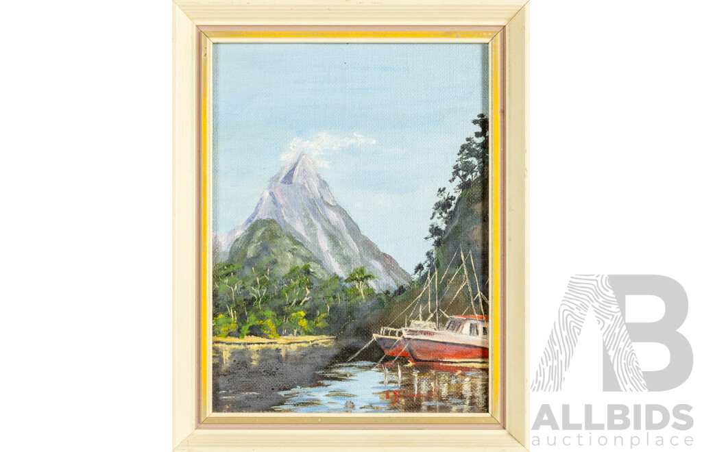 Artists Unknown (20th Century), Country Church, Mitre Peak, New Zealand, Lone House and Dirt Path, Collection of Four Vintage Oil on Canvas Boards (& One Board), 30W x 25H cm (largest frame) (4)
