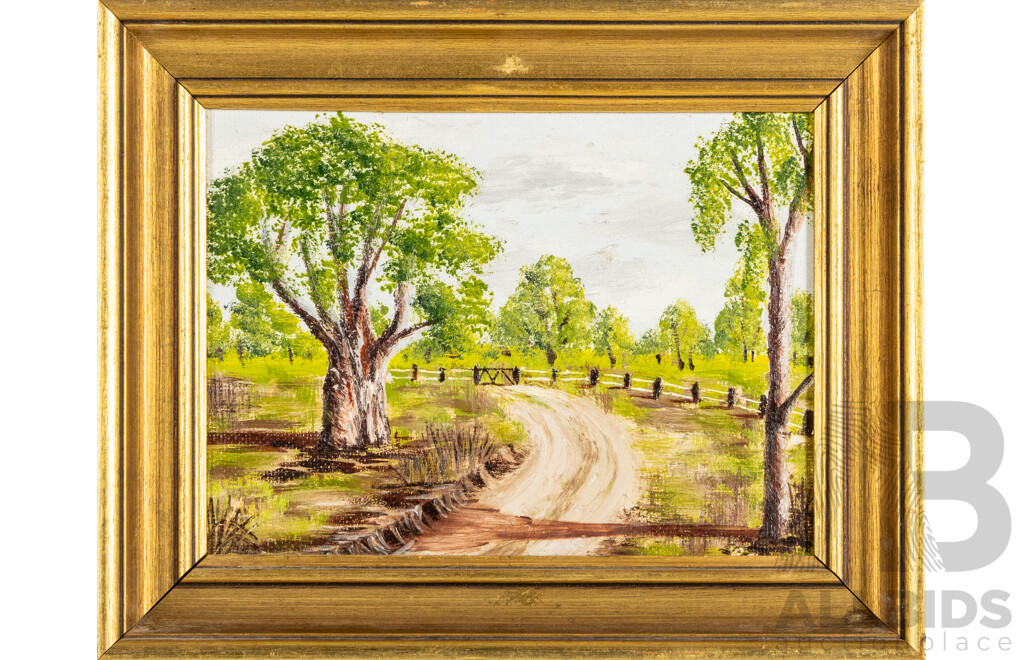 Artists Unknown (20th Century), Country Church, Mitre Peak, New Zealand, Lone House and Dirt Path, Collection of Four Vintage Oil on Canvas Boards (& One Board), 30W x 25H cm (largest frame) (4)