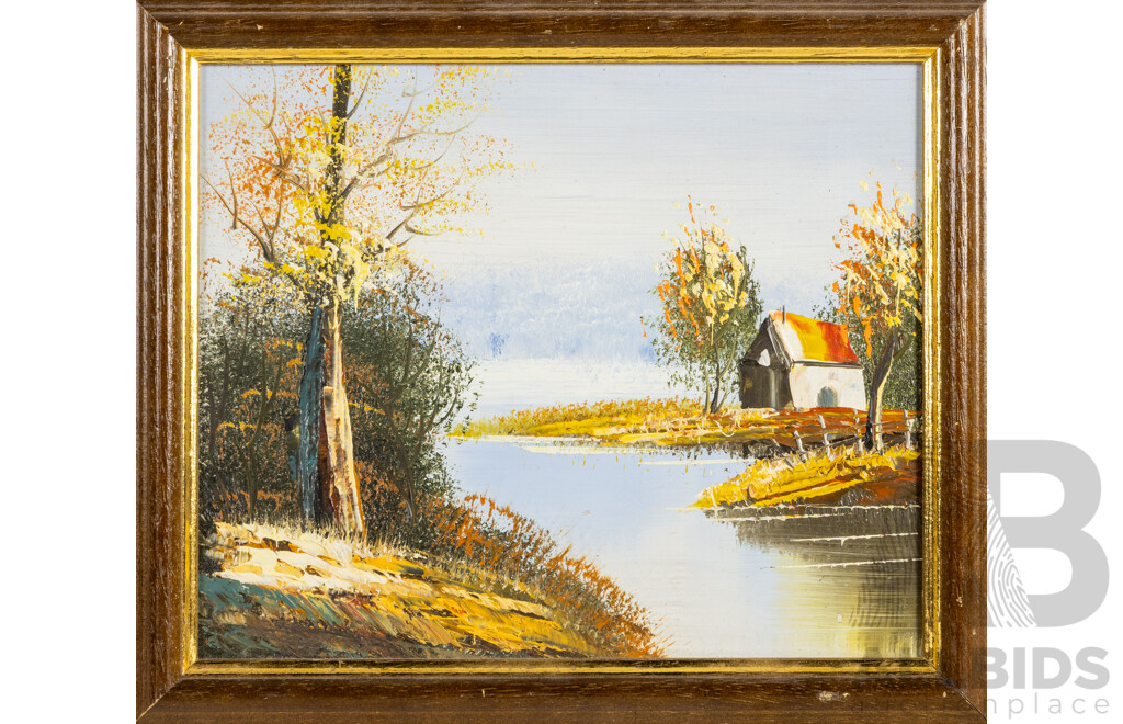 Artists Unknown (20th Century), Country Church, Mitre Peak, New Zealand, Lone House and Dirt Path, Collection of Four Vintage Oil on Canvas Boards (& One Board), 30W x 25H cm (largest frame) (4)