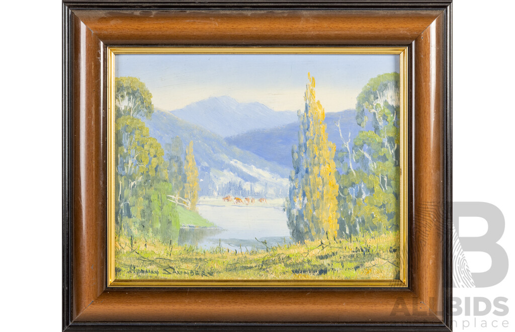 Norman Saunders, (20th Century), Cattles Grazing, Kangaroo Valley, NSW, Wonderful Original Oil on Board, 34W x 19H cm (frame)