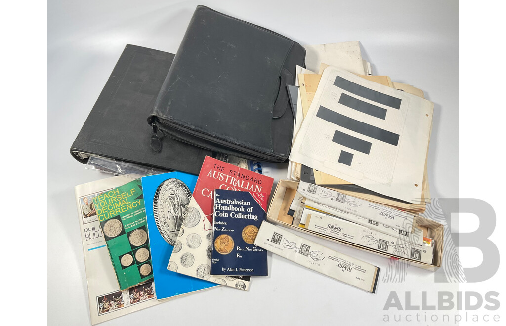 Collection of Note, Coin, Stamp Folders, Sleeves, Hinge-less, and Catalogues Including Teach Yourself Decimal Currency, Australian Handbook of Coin Collecting, 1977 Australian Coin Catalogue and More