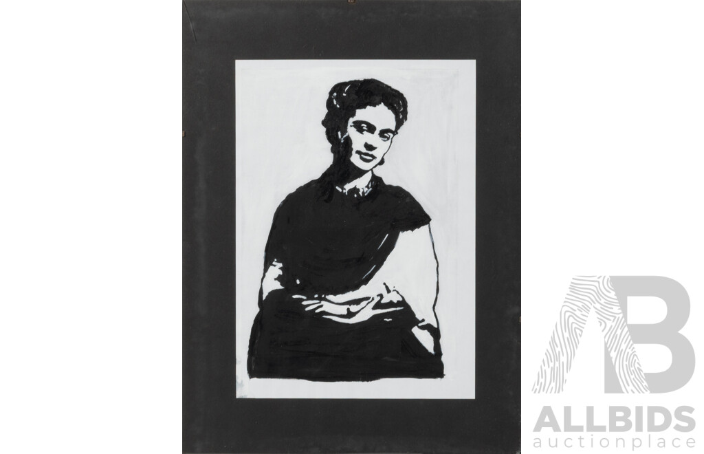 Artist Unknown, Black and White Portrait of Frida Kahlo, Acrylic on Paper, 40 x 30 cm (edge to edge)