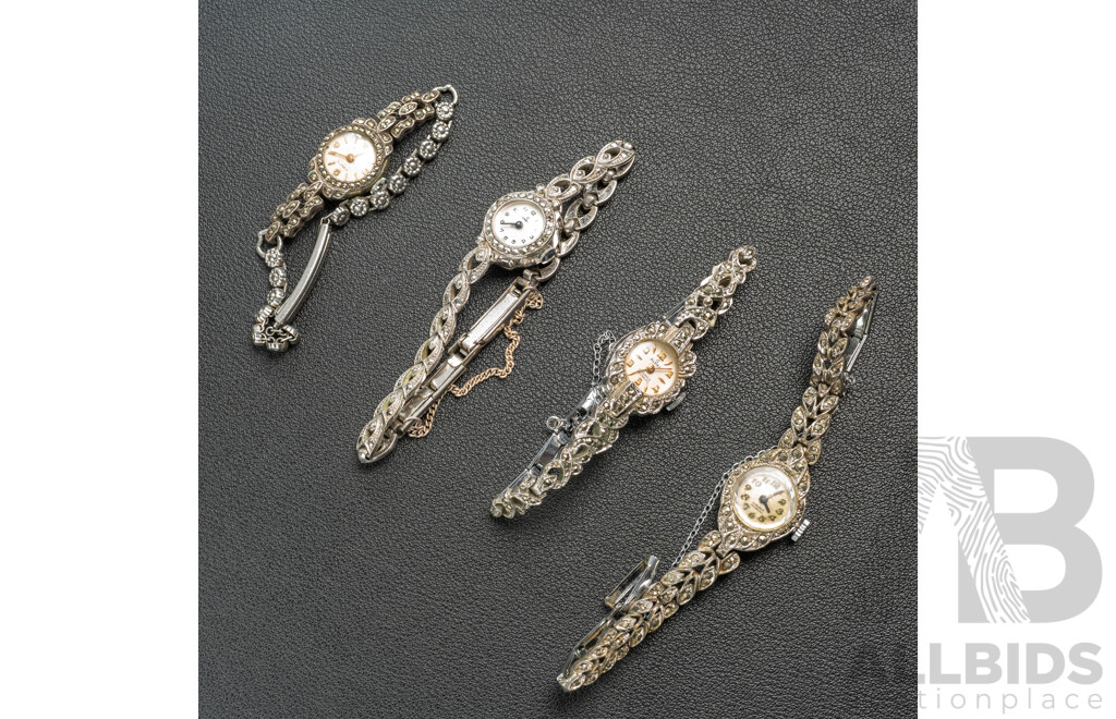 Collection of (4) Vintage Marcasite Ladies Watches - Timor, Alpha Lady Benex, Consul & Reliance